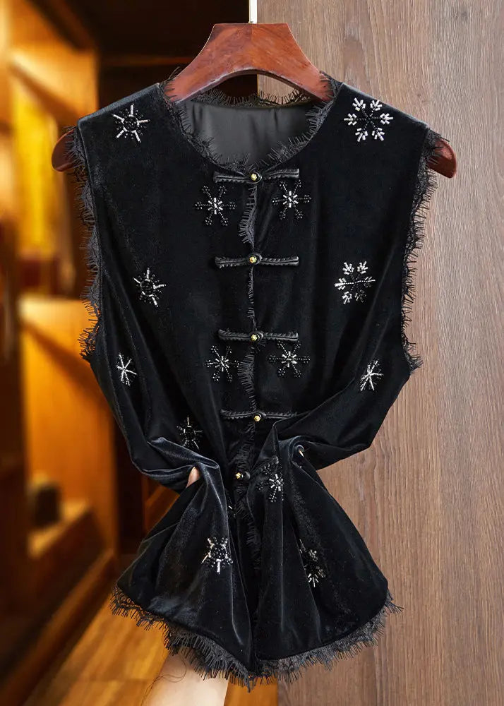 Bead Lace Silk Velour Shirt Waistcoat Sleeveless