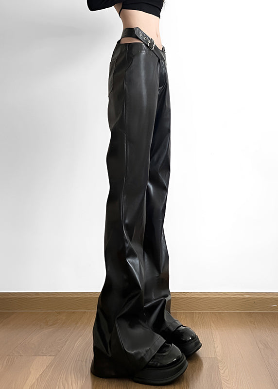 Handmade Black Patchwork Faux Leather Pants Spring Yp031