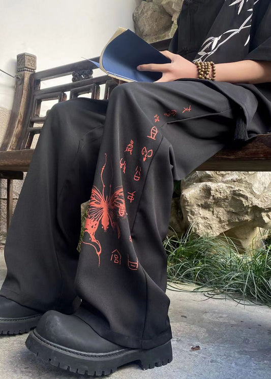 Handmade Black Pockets Print Ice Silk Pants Summer Yt039