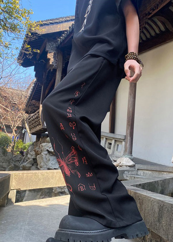 Handmade Black Pockets Print Ice Silk Pants Summer Yt039