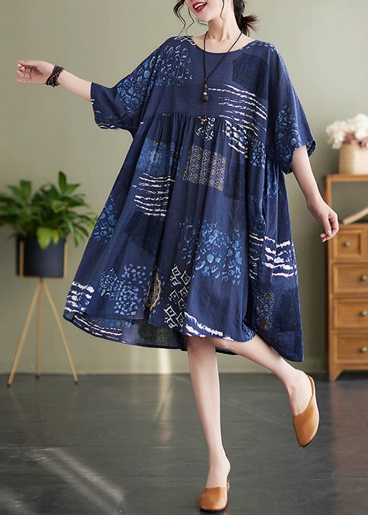 Handmade Blue O-neck Print Wrinkled Vacation Maxi Dresses Summer Ac2010