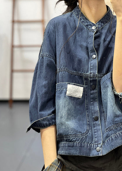 Handmade Blue Stand Collar Button Denim Coat Half Sleeve Uu041