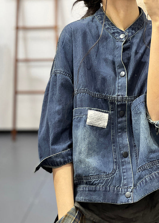 Handmade Blue Stand Collar Button Denim Coat Half Sleeve Uu041