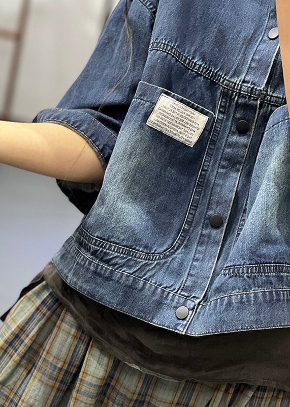 Handmade Blue Stand Collar Button Denim Coat Half Sleeve Uu041