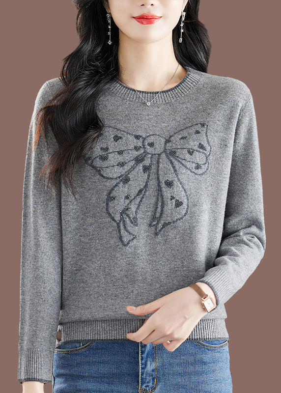 Handmade Camel O-neck Embroidered Bow Thick Cotton Knit Sweaters Winter Te037