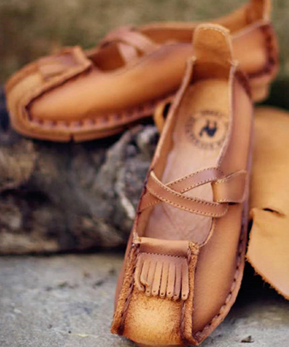 Handmade Comfy Flats Shoes Khaki Cowhide Leather Rt1018