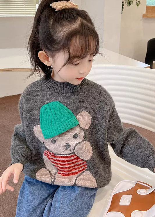 Handmade Dark Grey Cartoon Print Cotton Knit Kids Sweater Spring Tp038