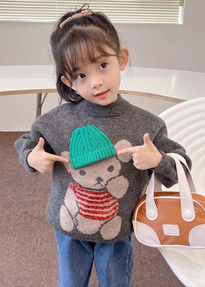 Handmade Dark Grey Cartoon Print Cotton Knit Kids Sweater Spring Tp038