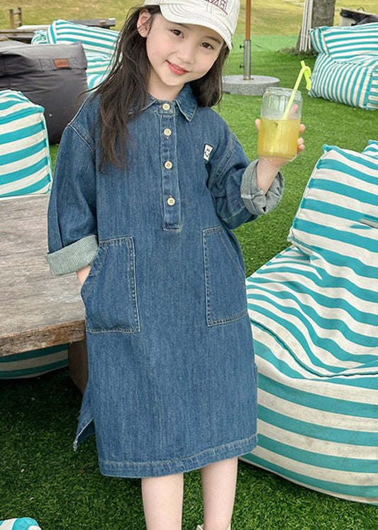Handmade Denim Blue Peter Pan Collar Patchwork Button Kids Long Dress Spring Tv024