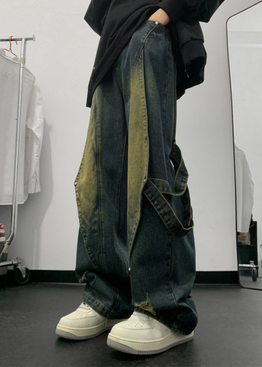 Handmade Denim Blue Pockets Patchwork Straight Pants Summer Sa020