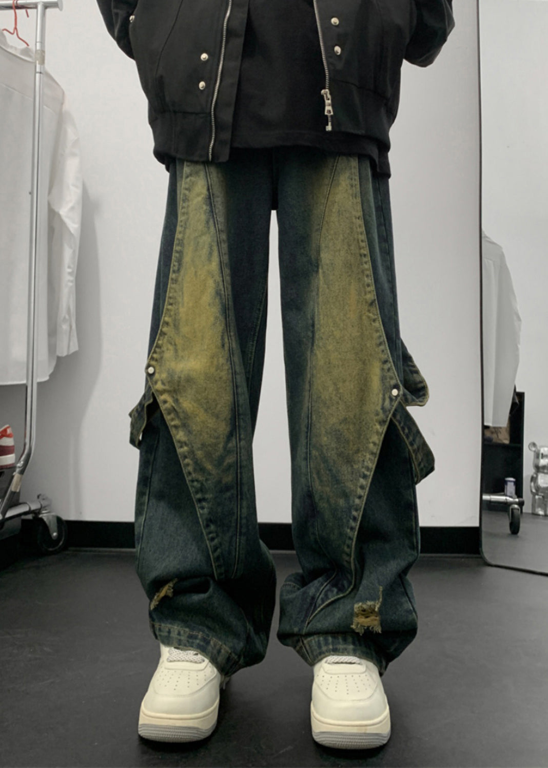 Handmade Denim Blue Pockets Patchwork Straight Pants Summer Sa020