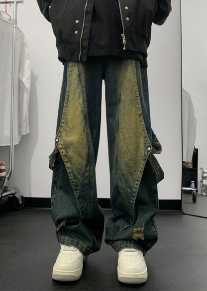 Handmade Denim Blue Pockets Patchwork Straight Pants Summer Sa020