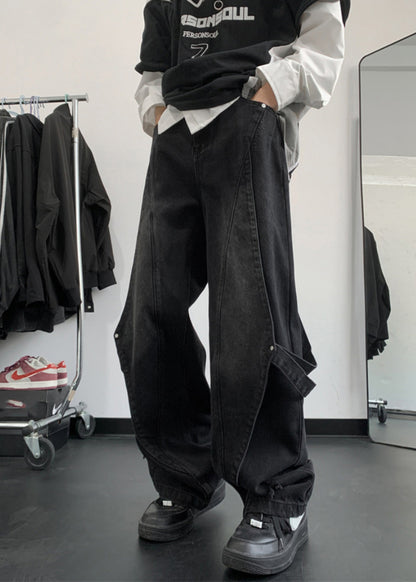 Handmade Denim Blue Pockets Patchwork Straight Pants Summer Sa020