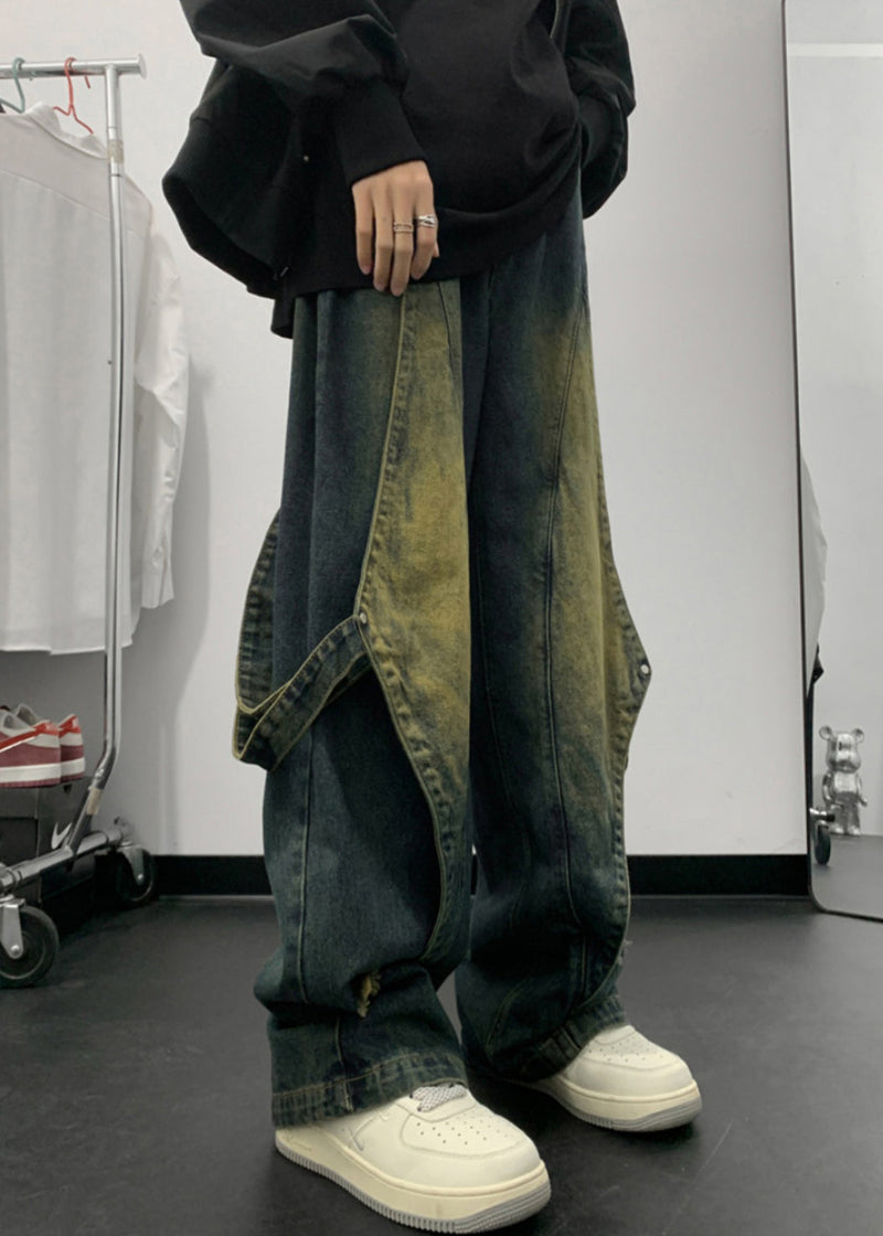 Handmade Denim Blue Pockets Patchwork Straight Pants Summer Sa020