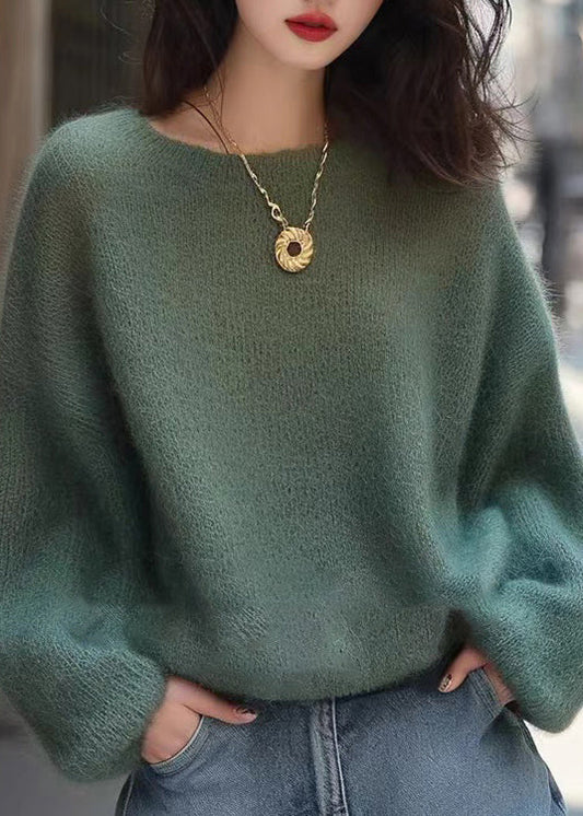 Handmade Green O Neck Cozy Knit Sweaters Spring To004