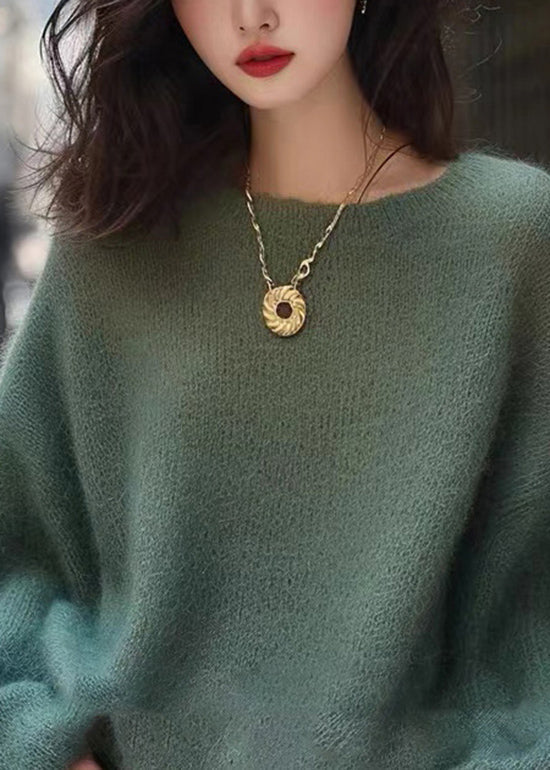 Handmade Green O Neck Cozy Knit Sweaters Spring To004