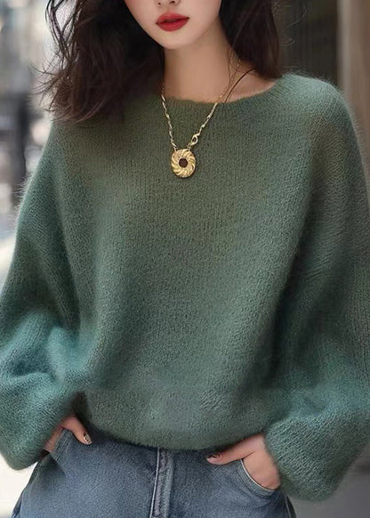 Handmade Green O Neck Cozy Knit Sweaters Spring To004