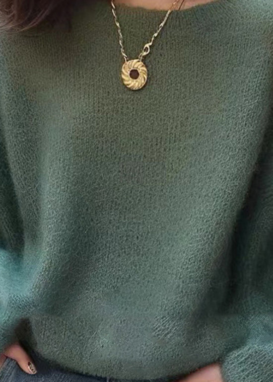Handmade Green O Neck Cozy Knit Sweaters Spring To004