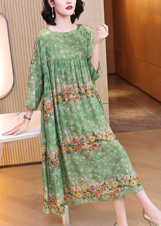 Handmade Green Print Wrinkled Patchwork Silk Long Dress Long Sleeve Ly1786