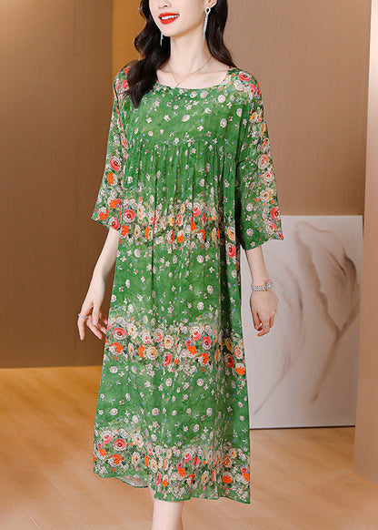 Handmade Green Print Wrinkled Patchwork Silk Long Dress Long Sleeve Ly1786