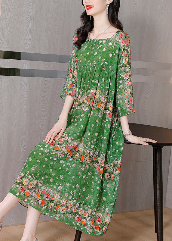 Handmade Green Print Wrinkled Patchwork Silk Long Dress Long Sleeve Ly1786