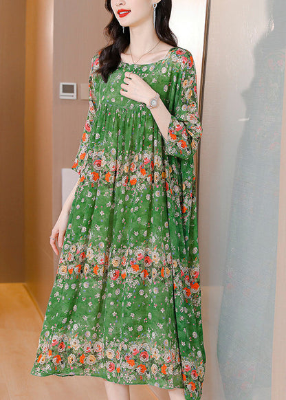 Handmade Green Print Wrinkled Patchwork Silk Long Dress Long Sleeve Ly1786