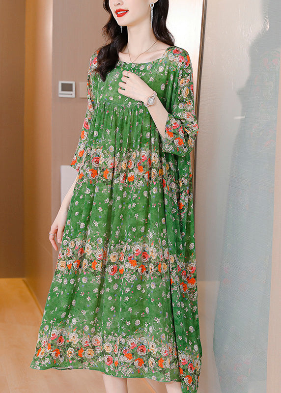 Handmade Green Print Wrinkled Patchwork Silk Long Dress Long Sleeve Ly1786