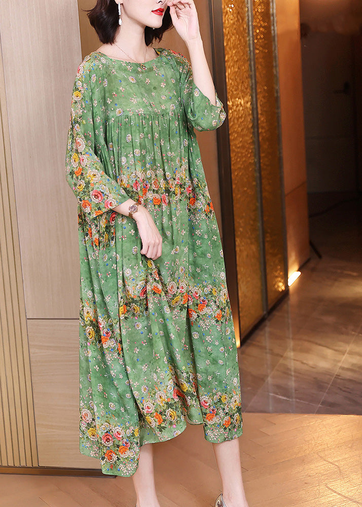Handmade Green Print Wrinkled Patchwork Silk Long Dress Long Sleeve Ly1786