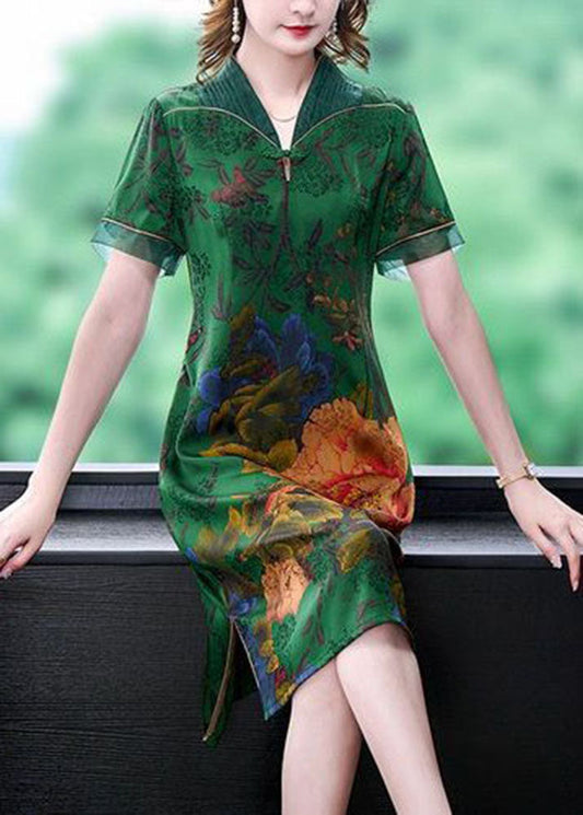 Handmade Green V Neck Print Slim Fit Silk Long Dress Summer Ly1673