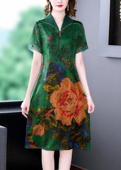 Handmade Green V Neck Print Slim Fit Silk Long Dress Summer Ly1673