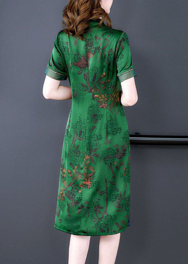 Handmade Green V Neck Print Slim Fit Silk Long Dress Summer Ly1673