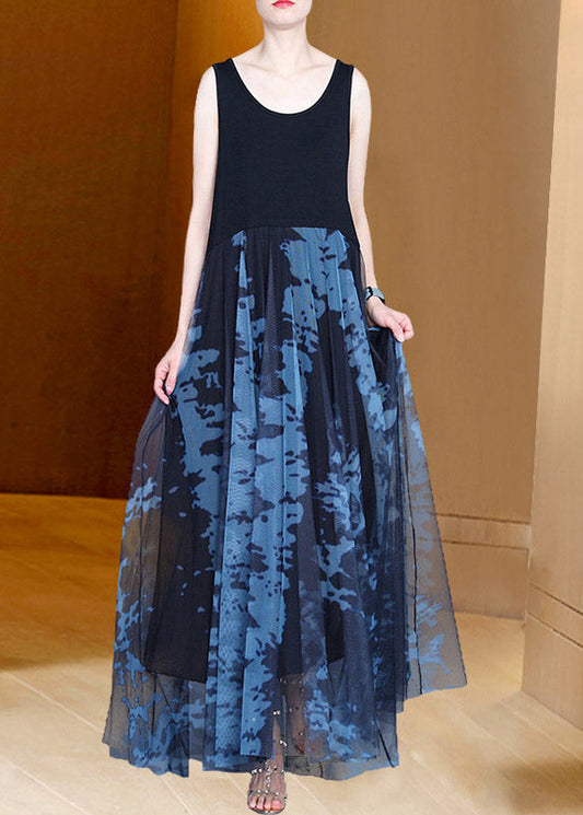 Handmade Grey O-neck Print Patchwork Tulle Maxi Dresses Summer Ac2042