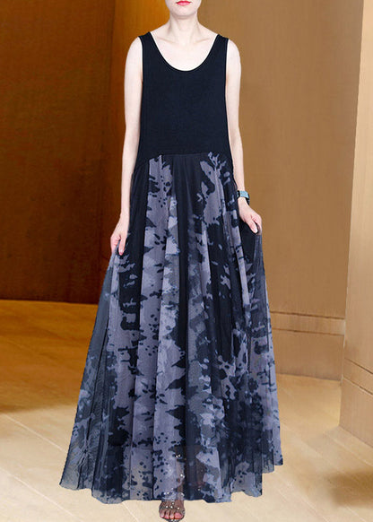 Handmade Grey O-neck Print Patchwork Tulle Maxi Dresses Summer Ac2042