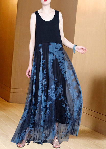 Handmade Grey O-neck Print Patchwork Tulle Maxi Dresses Summer Ac2042