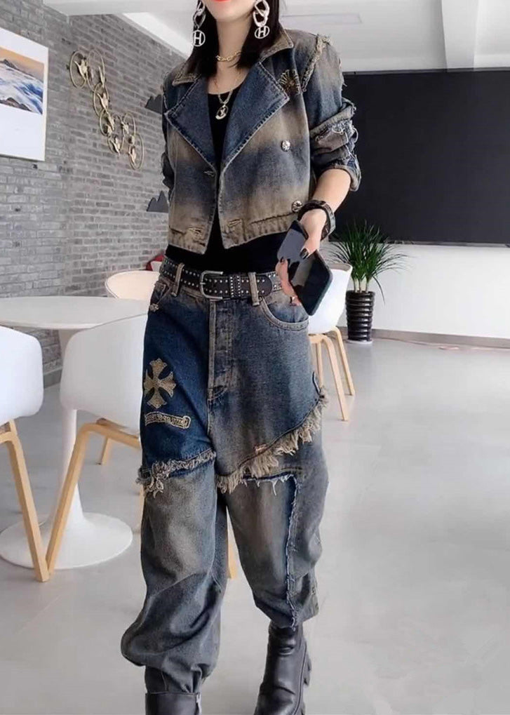 Handmade Grey Peter Pan Collar Patchwork Coats and Jeans Two Pieces Set Fall Ty1036