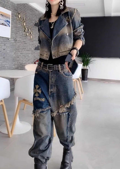 Handmade Grey Peter Pan Collar Patchwork Coats and Jeans Two Pieces Set Fall Ty1036