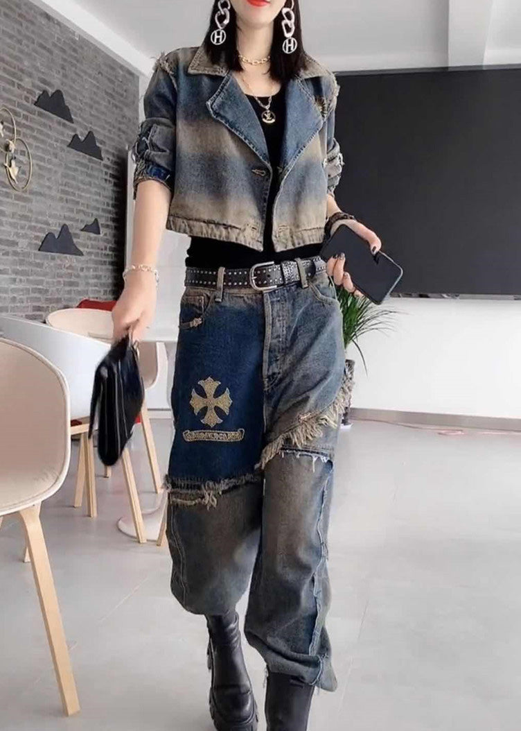 Handmade Grey Peter Pan Collar Patchwork Coats and Jeans Two Pieces Set Fall Ty1036