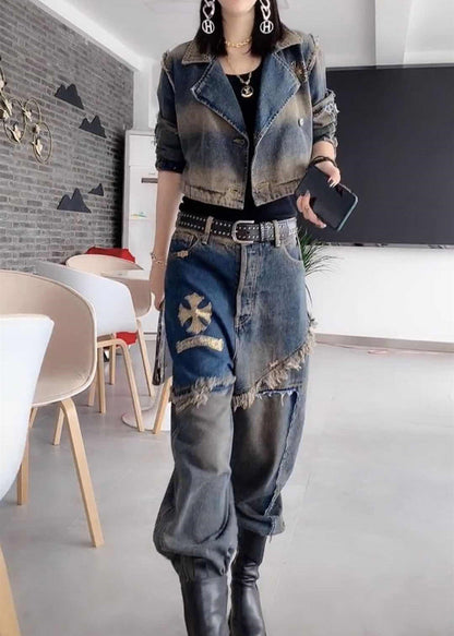 Handmade Grey Peter Pan Collar Patchwork Coats and Jeans Two Pieces Set Fall Ty1036
