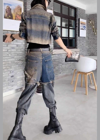 Handmade Grey Peter Pan Collar Patchwork Coats and Jeans Two Pieces Set Fall Ty1036