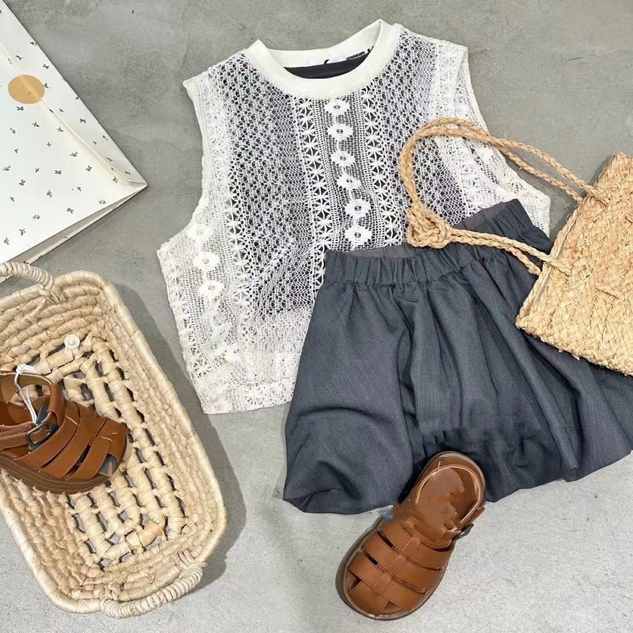 Handmade Hollow Out Knit Vest and Pants Skirt Two Pieces Set Sleeveless Ss1021