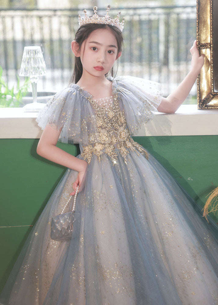 Handmade Little Grey V Neck Sequins Patchwork Tulle Maxi Dress Summer Qv019