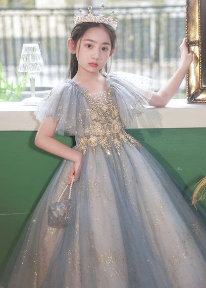 Handmade Little Grey V Neck Sequins Patchwork Tulle Maxi Dress Summer Qv019