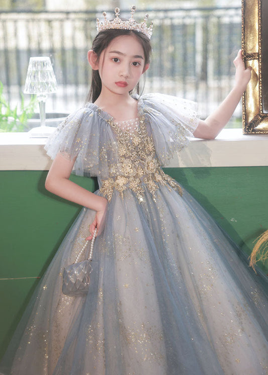 Handmade Little Grey V Neck Sequins Patchwork Tulle Maxi Dress Summer Qv019