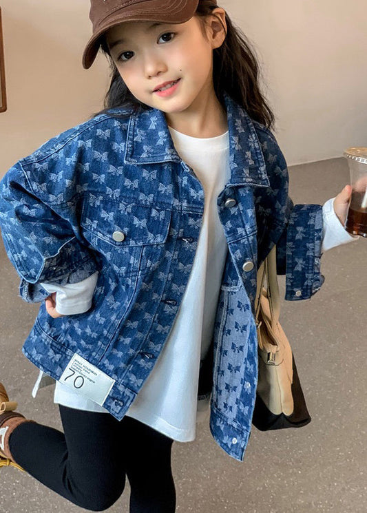 Handmade Navy Peter Pan Collar Print Kids Denim Coat Fall Qv041