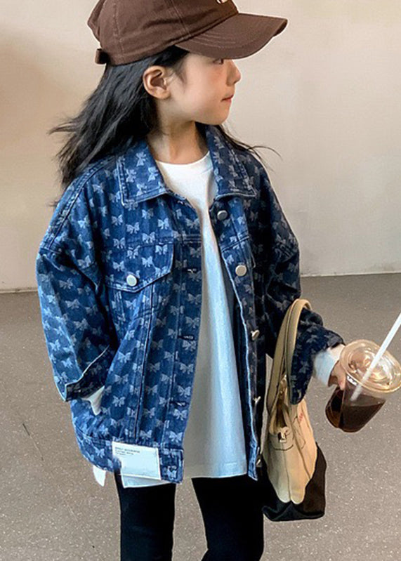 Handmade Navy Peter Pan Collar Print Kids Denim Coat Fall Qv041