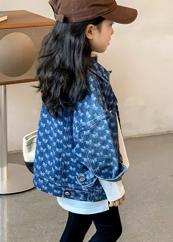 Handmade Navy Peter Pan Collar Print Kids Denim Coat Fall Qv041