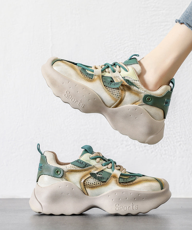 Handmade Green Cowhide Leather Lace Up High Wedge Heels Shoes Jj063