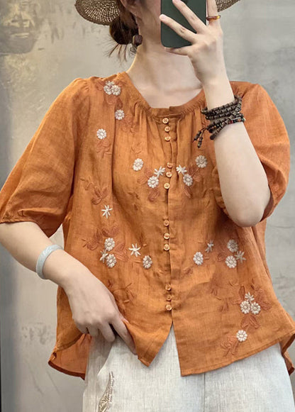 Handmade Orange Embroidered Button Linen Blouses Summer Jh071
