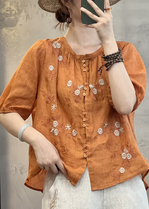 Handmade Orange Embroidered Button Linen Blouses Summer Jh071