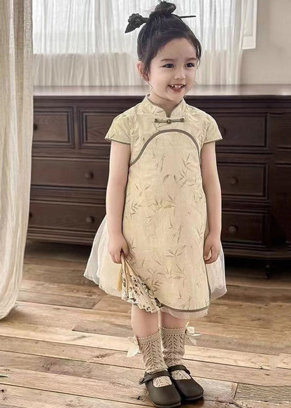 Handmade Orange Stand Collar Tulle Patchwork Kids Maxi Dresses Short Sleeve Mn003